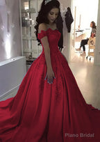 Ball Gown Off-the-Shoulder Sleeveless Sweep Train Satin Prom Dresses With Appliqued Beading