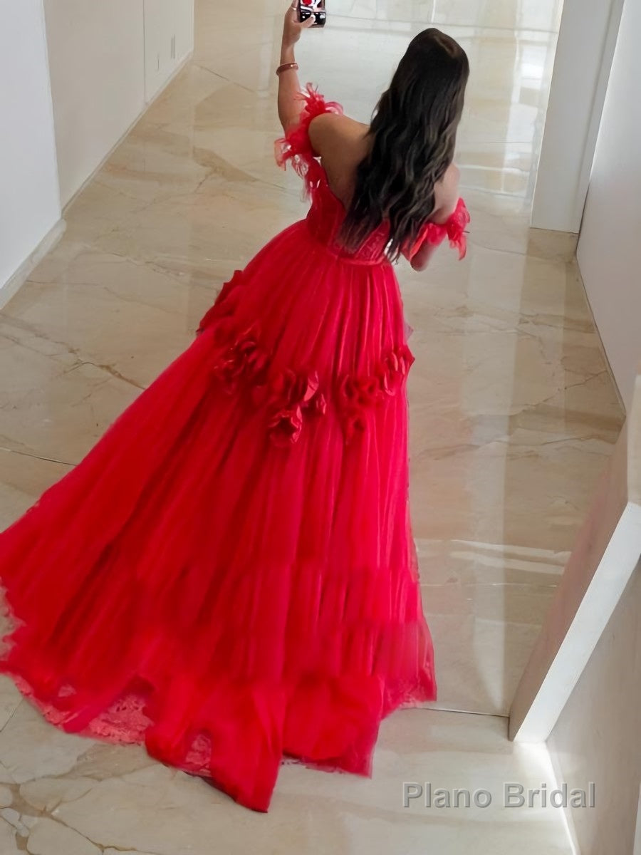 Ball Gown Off-the-Shoulder Sweep Train Tulle Prom Dresses With Flower Secondary image