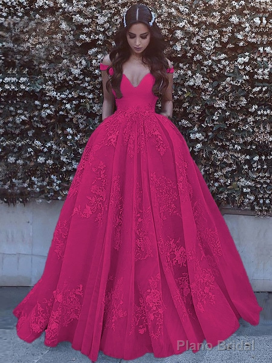 Ball Gown Off-the-Shoulder Sweep Train Tulle Prom Dresses With Pockets