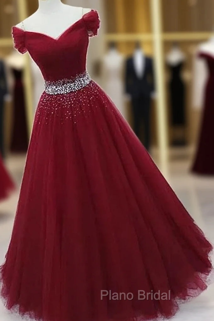 Ball Gown Off-the-Shoulder Tulle Long/Floor-Length Sparkling Formal Prom Dresses With Beading