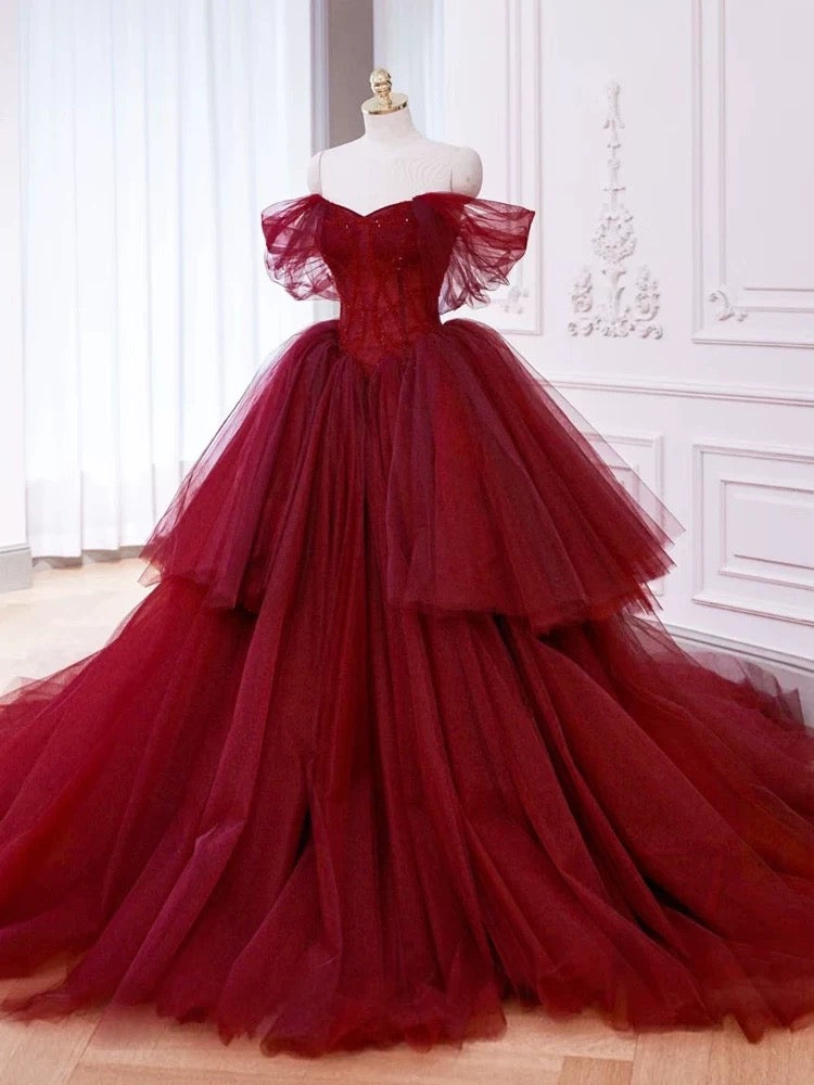 Ball Gown Off The Shoulder Tulle Red Sweet 16 Dresses
