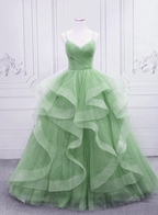 Green/Blue Long Shiny Elegant Spaghetti Straps Long Ruffled Organza Ball Gown Formal Evening Dresses Quinceanera Dresses