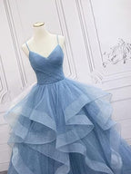 Green/Blue Long Shiny Elegant Spaghetti Straps Long Ruffled Organza Ball Gown Formal Evening Dresses Quinceanera Dresses