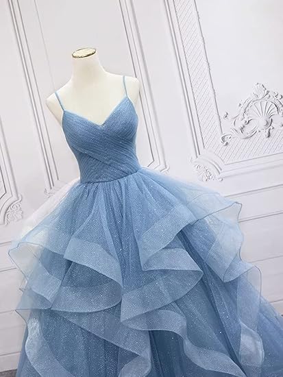 Green/Blue Long Shiny Elegant Spaghetti Straps Long Ruffled Organza Ball Gown Formal Evening Dresses Quinceanera Dresses
