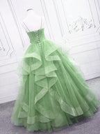 Green/Blue Long Shiny Elegant Spaghetti Straps Long Ruffled Organza Ball Gown Formal Evening Dresses Quinceanera Dresses