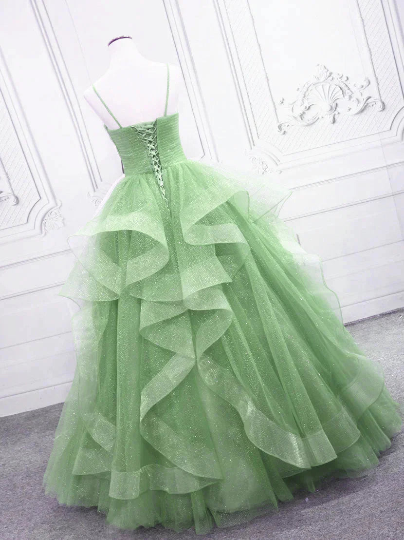 Green/Blue Long Shiny Elegant Spaghetti Straps Long Ruffled Organza Ball Gown Formal Evening Dresses Quinceanera Dresses