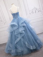 Green/Blue Long Shiny Elegant Spaghetti Straps Long Ruffled Organza Ball Gown Formal Evening Dresses Quinceanera Dresses