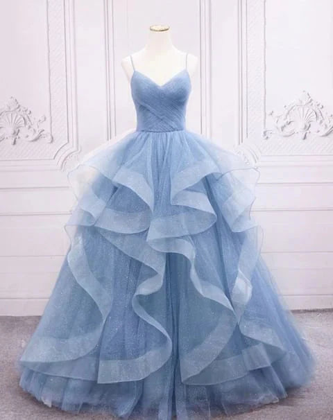 Green/Purple/Blue Fashion Elegant Spaghetti Strap Long Organza Ruffles Ball Gown Formal Evening Gown Graduation Gown Adult Ceremony Gown Secondary image