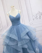 Green/Purple/Blue Fashion Elegant Spaghetti Strap Long Organza Ruffles Ball Gown Formal Evening Gown Graduation Gown Adult Ceremony Gown