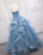 Green/Purple/Blue Fashion Elegant Spaghetti Strap Long Organza Ruffles Ball Gown Formal Evening Gown Graduation Gown Adult Ceremony Gown