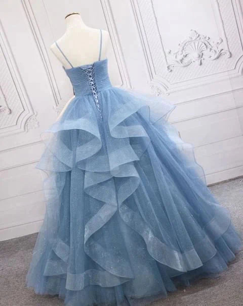 Green/Purple/Blue Fashion Elegant Spaghetti Strap Long Organza Ruffles Ball Gown Formal Evening Gown Graduation Gown Adult Ceremony Gown