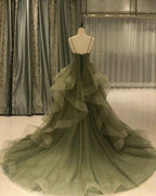 Green/Purple/Blue Fashion Elegant Spaghetti Strap Long Organza Ruffles Ball Gown Formal Evening Gown Graduation Gown Adult Ceremony Gown