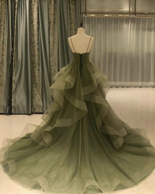 Green/Purple/Blue Fashion Elegant Spaghetti Strap Long Organza Ruffles Ball Gown Formal Evening Gown Graduation Gown Adult Ceremony Gown