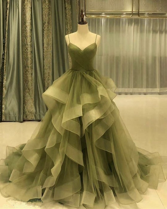 Green/Purple/Blue Fashion Elegant Spaghetti Strap Long Organza Ruffles Ball Gown Formal Evening Gown Graduation Gown Adult Ceremony Gown Main image