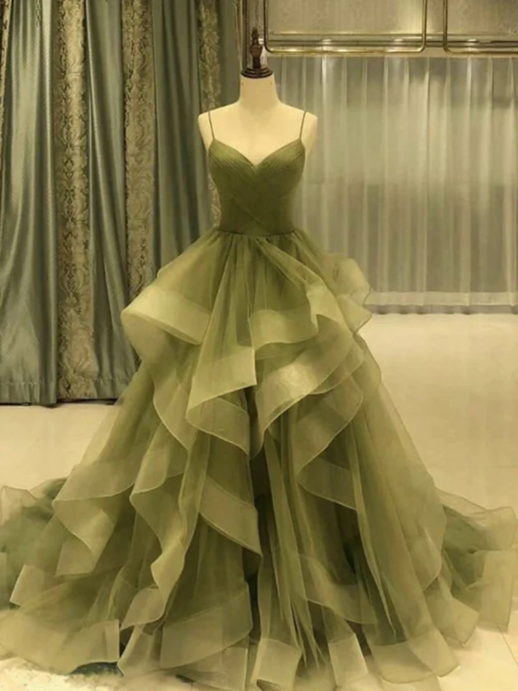 Green/Blue Long Shiny Elegant Spaghetti Straps Long Ruffled Organza Ball Gown Formal Evening Dresses Quinceanera Dresses
