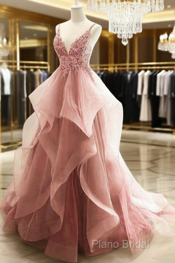 Ball Gown Pink Floor Length Sleeveless Lace Formal Prom Dresses