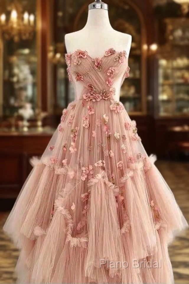 Ball Gown Pink Sweetheart Floor Length Sleeveless Lace Formal Prom Dresses Main image