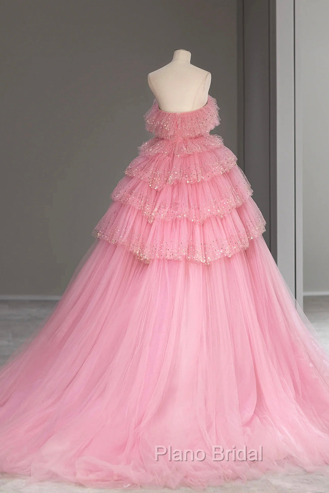 Ball Gown Pink Tulle Sequins Long Formal Prom Evening Dresses, Beautiful Pink Strapless Sweet 16 Dresses