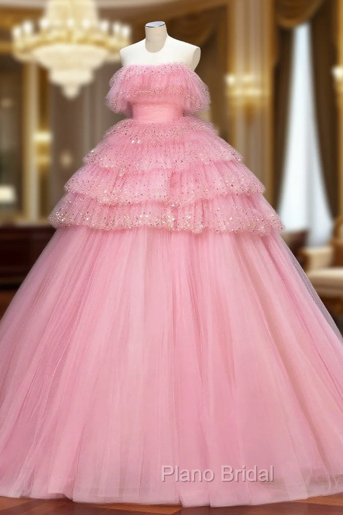 Ball Gown Pink Tulle Sequins Long Formal Prom Evening Dresses, Beautiful Pink Strapless Sweet 16 Dresses Main image