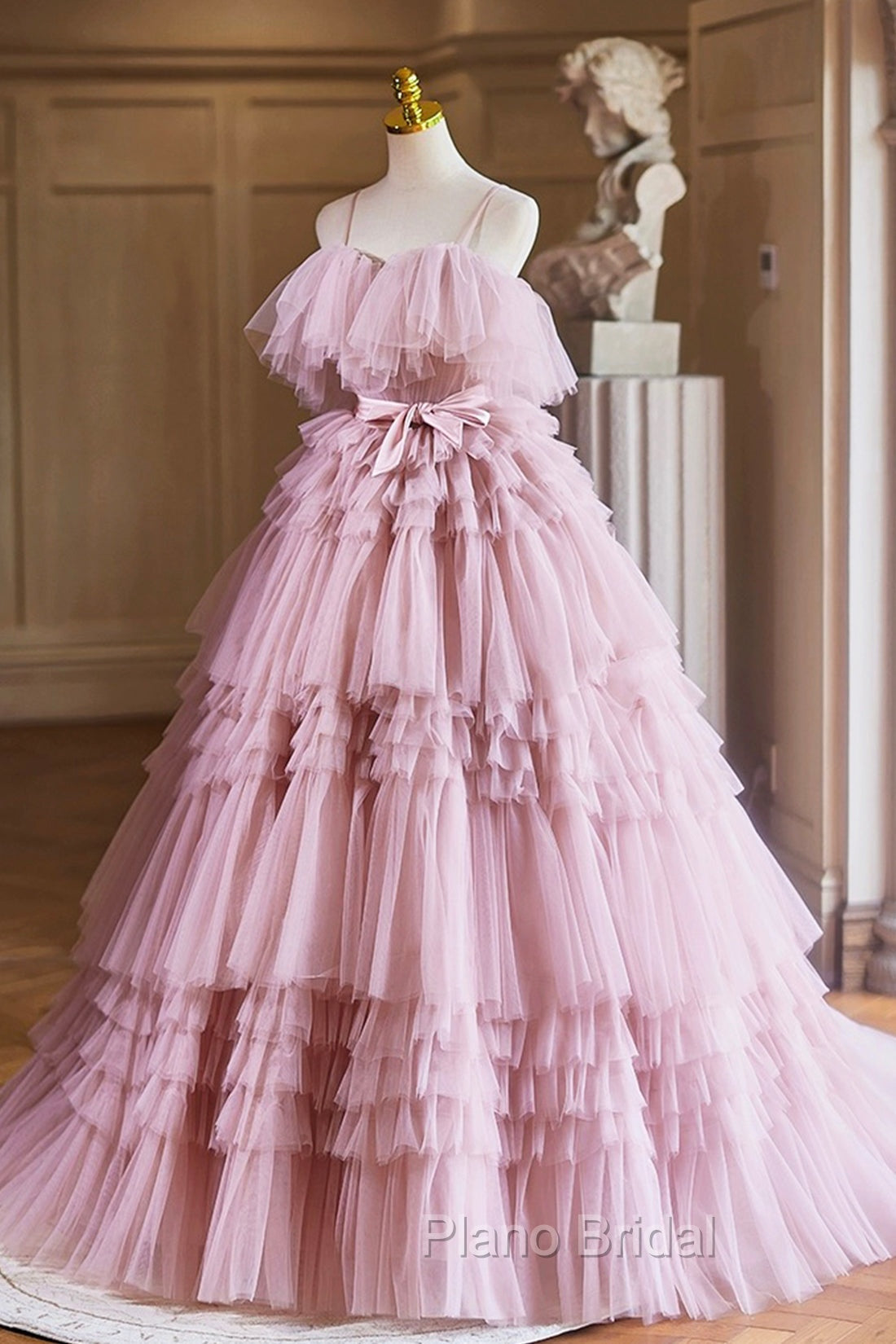 Ball Gown Pink Tulle Spaghetti Strap Long Formal Prom Evening Dresses, Pink Sweet 16 Dresses