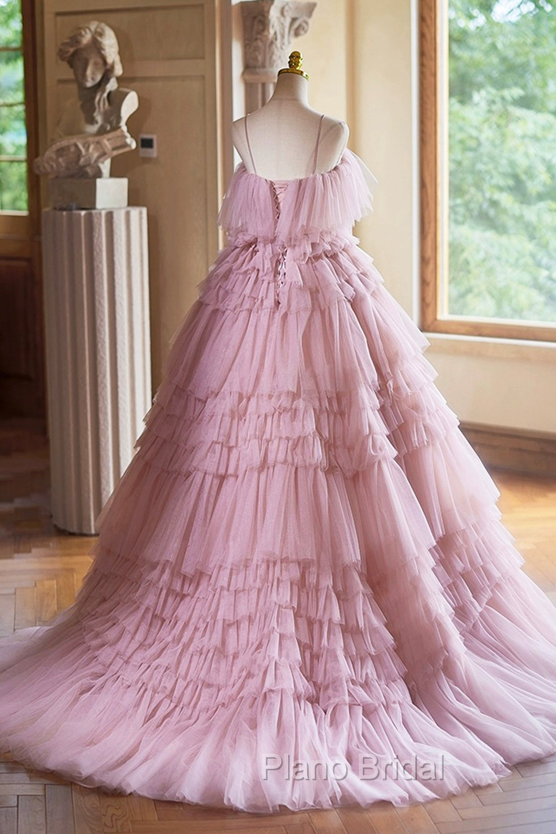 Ball Gown Pink Tulle Spaghetti Strap Long Formal Prom Evening Dresses, Pink Sweet 16 Dresses