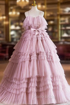 Ball Gown Pink Tulle Spaghetti Strap Long Formal Prom Evening Dresses, Pink Sweet 16 Dresses