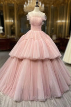 Ball Gown Pink Tulle Strapless Long Formal Prom Evening Dresses, Pink Sweet 16 Dresses