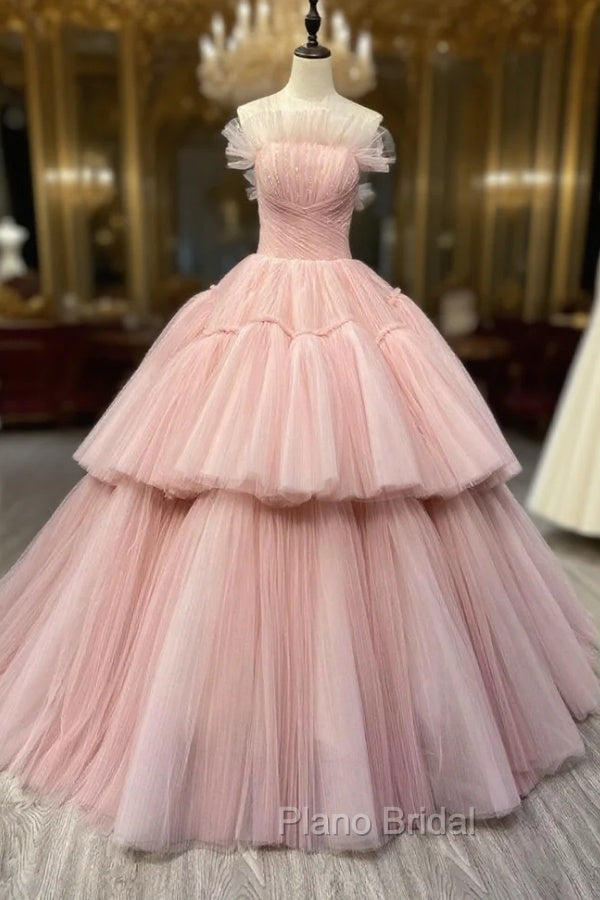 Ball Gown Pink Tulle Strapless Long Formal Prom Evening Dresses, Pink Sweet 16 Dresses