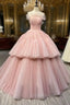 Ball Gown Pink Tulle Strapless Long Formal Prom Evening Dresses, Pink Sweet 16 Dresses
