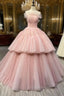 Ball Gown Pink Tulle Strapless Long Formal Prom Evening Dresses, Pink Sweet 16 Dresses