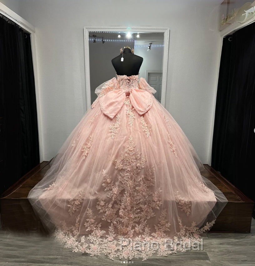 Ball-Gown Pink Tulle Sweetheart Sleeveless Quinceanera Dresses with Bow