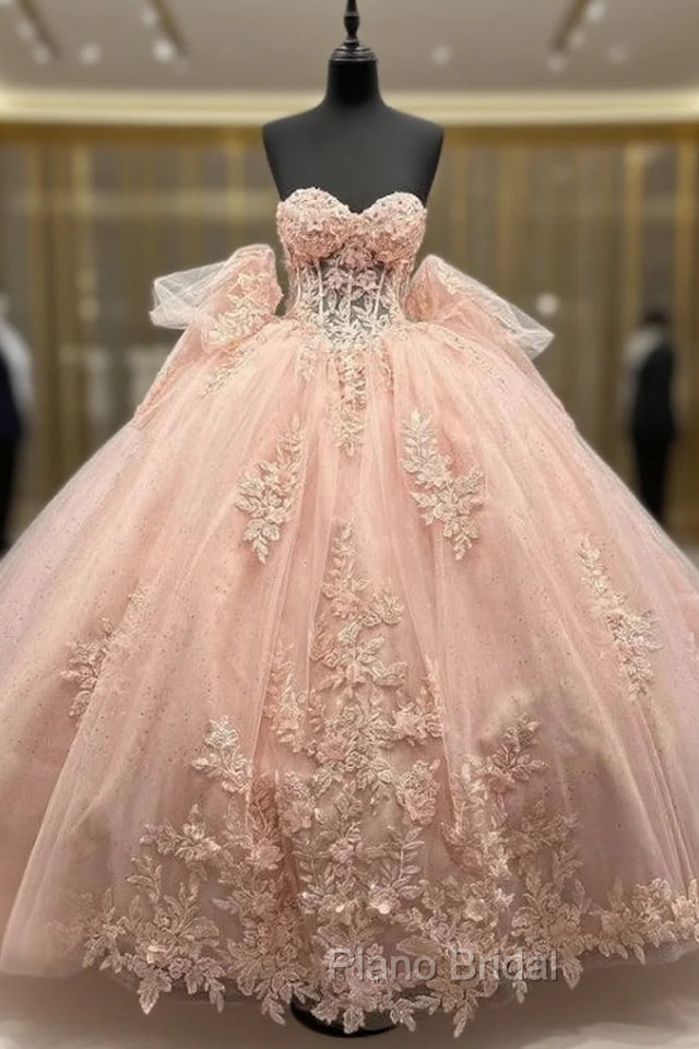 Ball-Gown Pink Tulle Sweetheart Sleeveless Quinceanera Dresses with Bow Main image