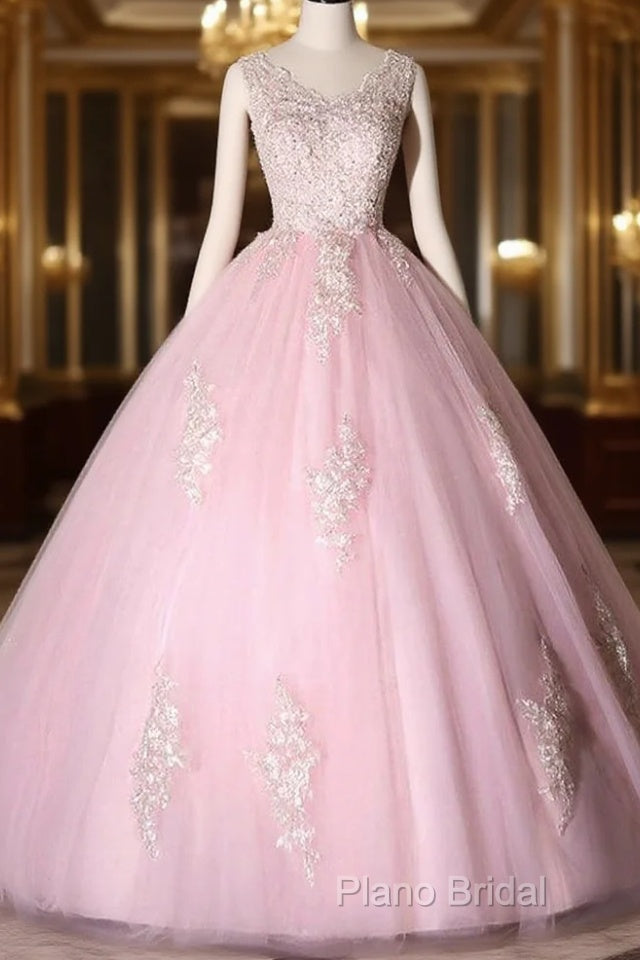 Ball Gown Pink V-Neck Formal Prom Dresses Tulle Applique Long Formal Dresses Main image