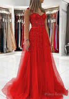 Ball Gown Princess Sweetheart Tulle Sweep Train Prom Dresses With Appliqued Lace