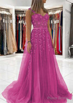 Ball Gown Princess Sweetheart Tulle Sweep Train Prom Dresses With Appliqued Lace