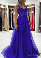 Ball Gown Princess Sweetheart Tulle Sweep Train Prom Dresses With Appliqued Lace