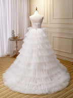 Ball-Gown/Princess Tulle White Long Formal Prom Dresses With Beading Flower Cascading Ruffles
