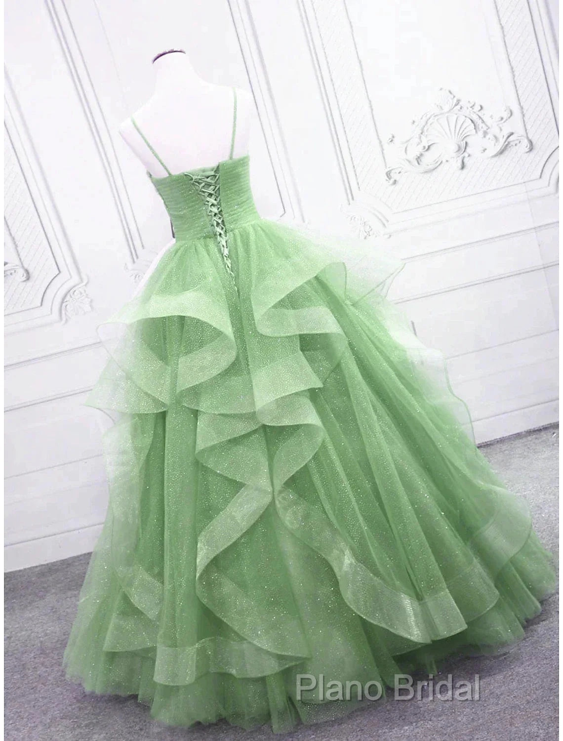 Ball Gown Formal Prom Dresses Glittering Dresses Formal Floor Length Sleeveless V Neck Tulle With Glitter Ruffles Secondary image