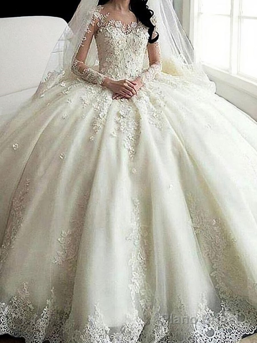 Ball Gown Scoop Cathedral Train Tulle Wedding Dresses With Appliques Lace Main image