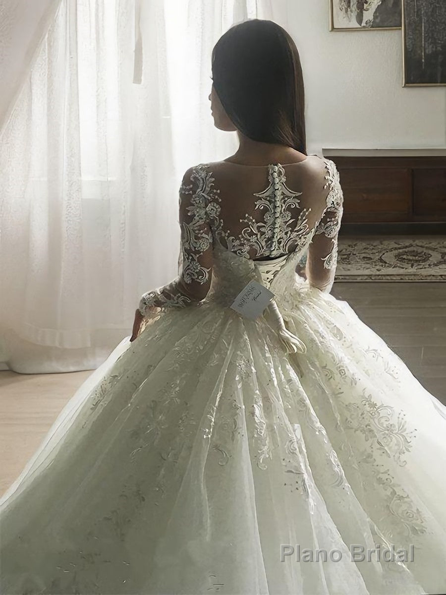Ball Gown Scoop Court Train Tulle Wedding Dresses With Appliques Lace Secondary image