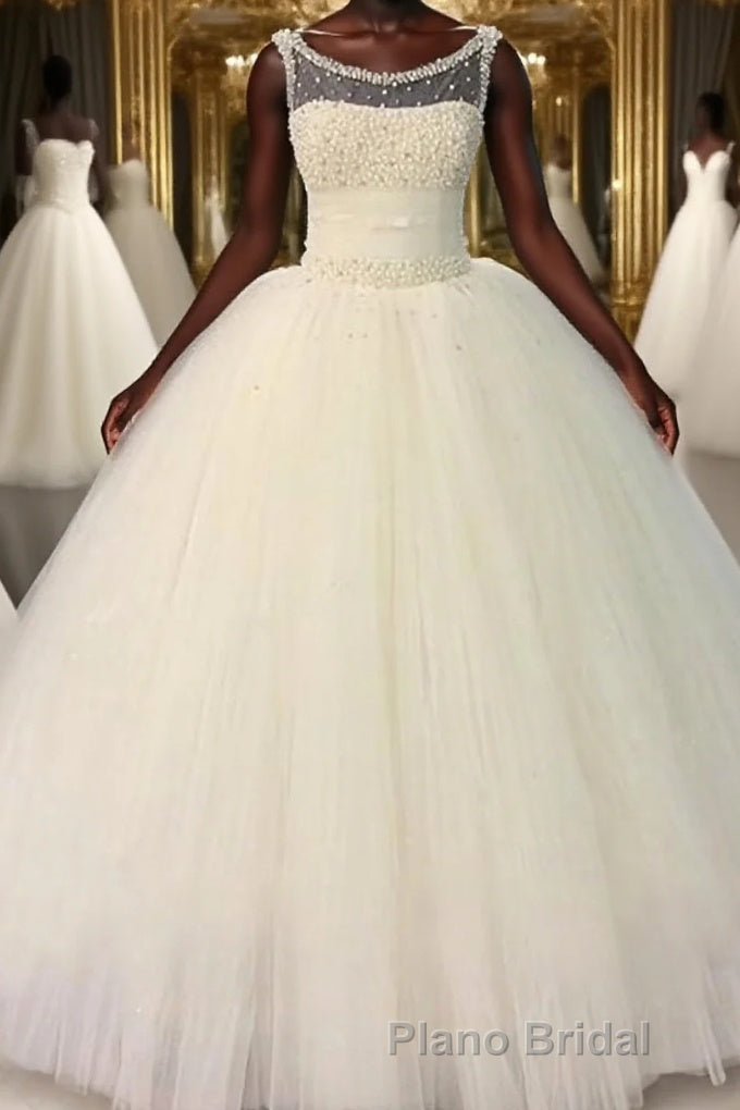 Ball Gown Scoop Floor-Length Tulle Wedding Dresses With Beading Main image