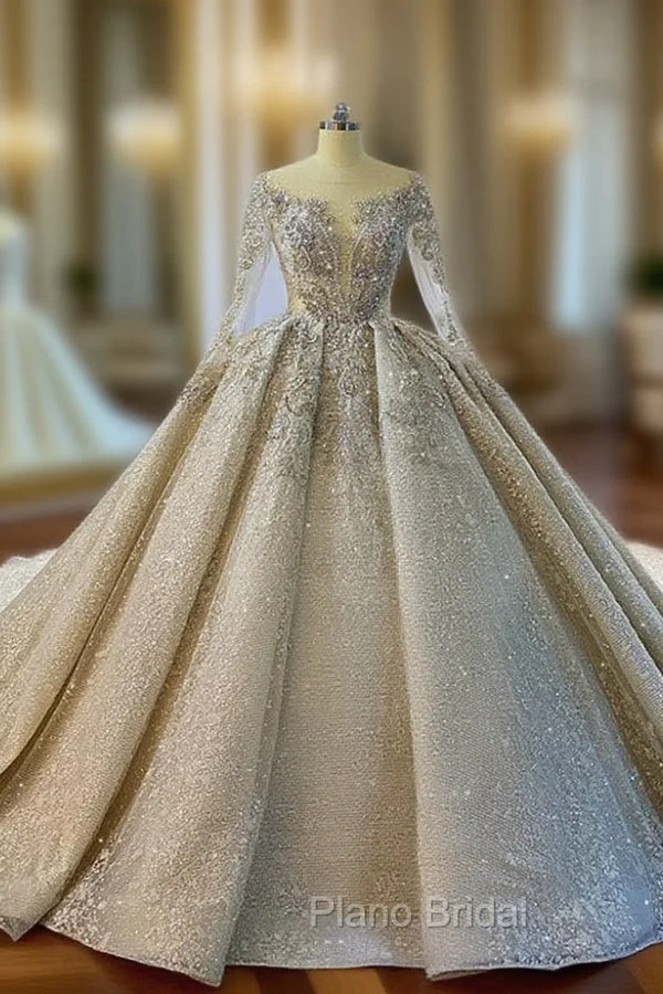 Ball Gown Sequins Illusion V-neck Long Sleeve Beading Wedding Dresses