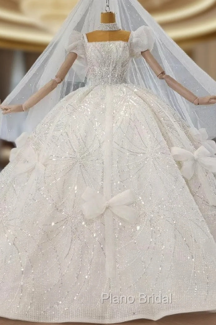 Ball Gown Sequins Square Puff Sleeve Bow Wedding Dresses