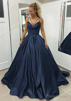 Ball Gown Sleeveless Scalloped Neck Sweep Train Satin Prom Dresses With Pleated Pockets