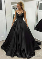 Ball Gown Sleeveless Scalloped Neck Sweep Train Satin Prom Dresses With Pleated Pockets