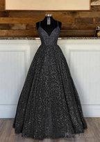 Ball Gown Sleeveless V Neck Long/Floor-Length Sequined Sparkling Prom Dresses With Pleated