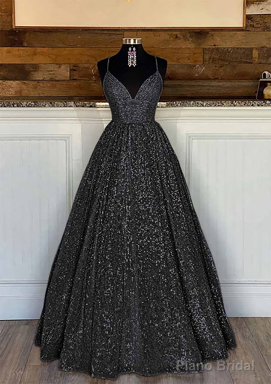 Ball Gown Sleeveless V Neck Long/Floor-Length Sequined Sparkling Prom Dresses With Pleated