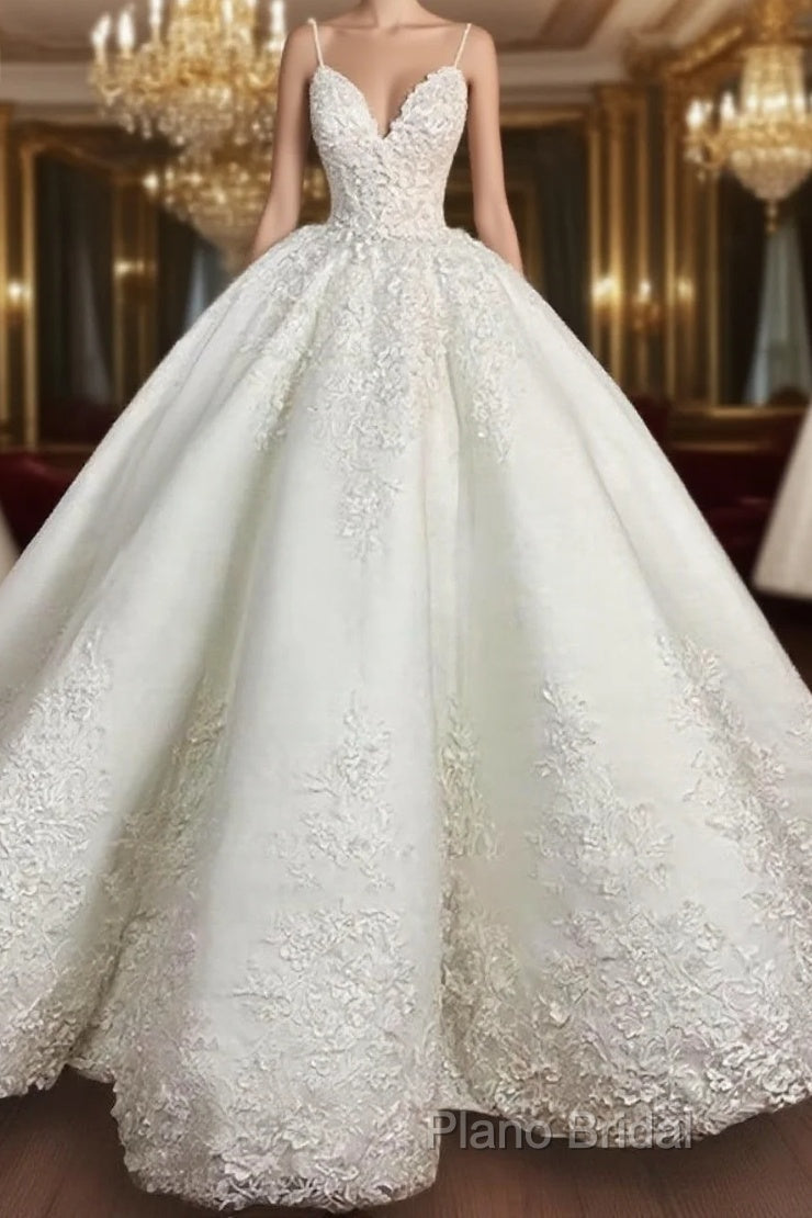 Ball-Gown Spaghetti Straps Applique Floor-Length Satin Wedding Dresses Main image