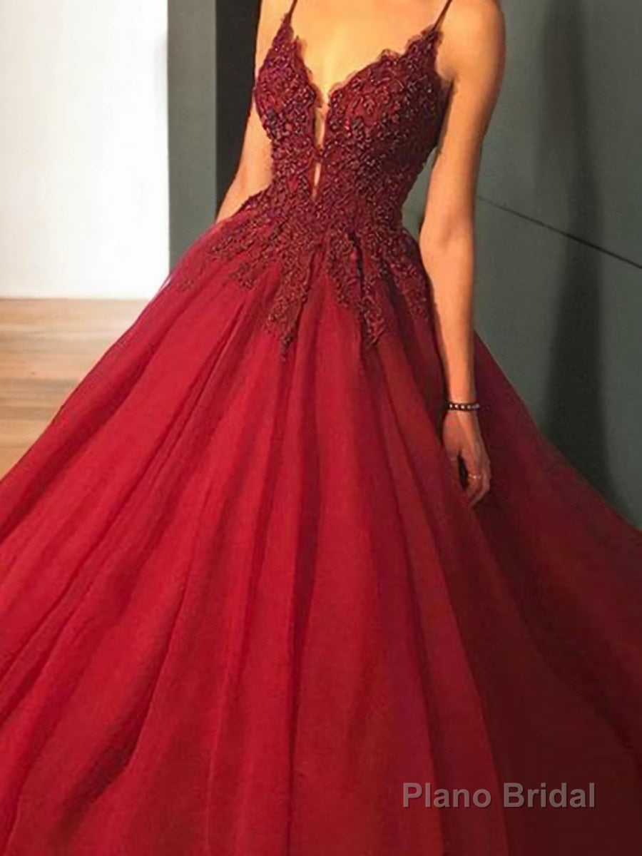 Ball Gown Spaghetti Straps Sweep Train Tulle Prom Dresses With Appliques Lace Secondary image