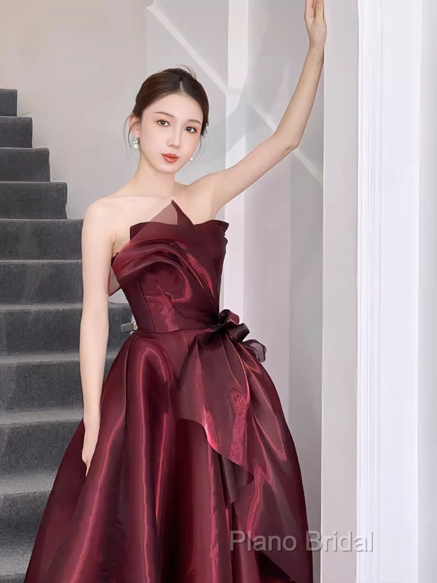 Ball Gown Strapless Burgundy Organza Formal Prom Dresses Formal Dresses
